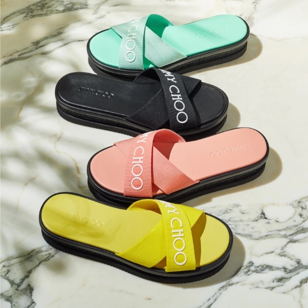 Jimmy Choo Green Canvas Logo Wedge Sandals - Picture 3 of 10